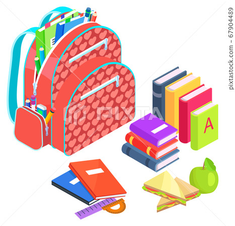 Satchel with Books and Notebooks, Apple and Snack Satchel with Books and Notebooks, Apple and Snack 67904489