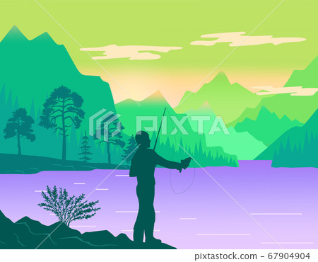 Man fishing at bank of river or lake, silhouette of man with fishing rod, hobby, leisure time 67904904