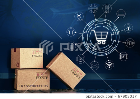Small paper boxes on notebook with a plane flies behind. An ideas about transportation, international freight, global shipping, overseas trade, regional, or local forwarding. Small paper boxes on notebook with a plane flies behind. An ideas about transportation, international freight, global shipping, overseas trade, regional, or local forwarding. 67905017