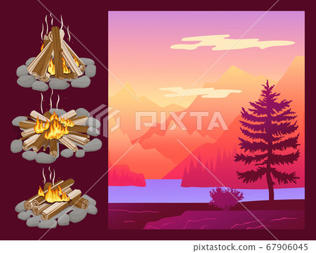 Abstract nature landscape. Mountain and forest fire. Campfire set realistic design vector poster 67906045