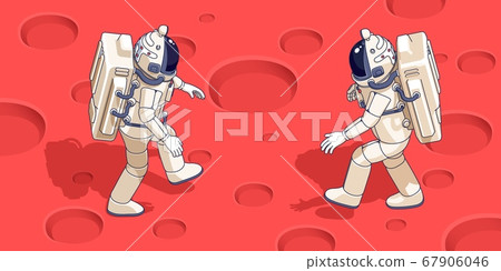 Isometric Astronaut on planet surface. Spaceman in spacesuit walking on Mars 67906046