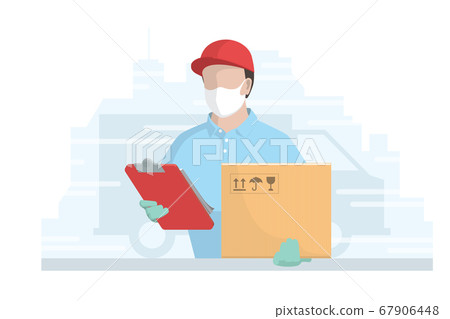 Courier in medical mask on face. Courier in medical mask on face. 67906448