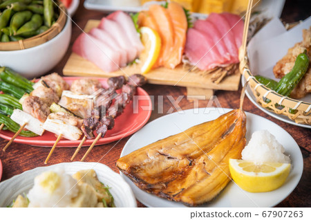 traditional japanese izakaya style foods on wooden traditional japanese izakaya style foods on wooden 67907263