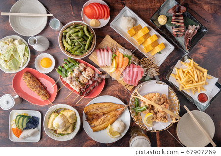 traditional japanese izakaya style foods on wooden traditional japanese izakaya style foods on wooden 67907269