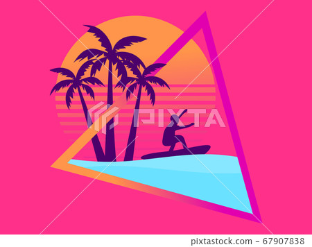 80s retro sci-fi surfer with palm trees on a 67907838