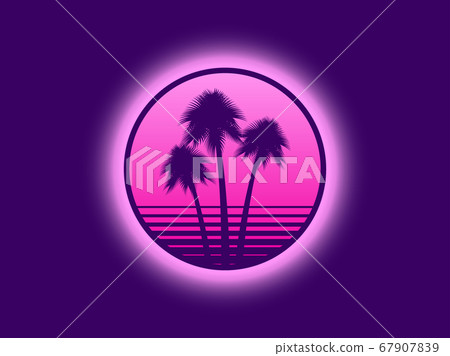 80s retro sci-fi palm trees on a sunset. Retro 67907839