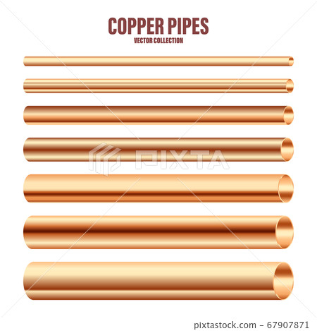 Copper pipes collection. Construction material. Polished metal texture. Glossy gradient. Vector 67907871