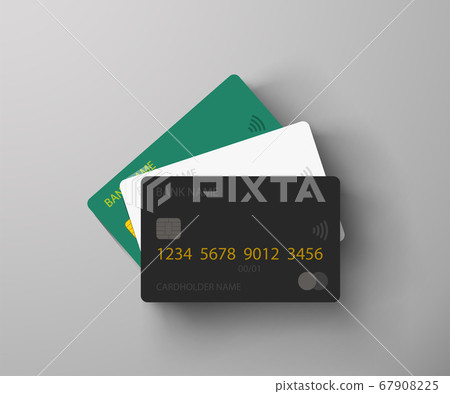 three credit cards lying on grey background 67908225