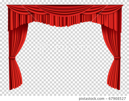 Red curtains realistic. Theater fabric silk decoration for movie cinema or opera hall. Curtains and draperies interior decoration object. Isolated on transparent for theater stage Red curtains realistic. Theater fabric silk decoration for movie cinema or opera hall. Curtains and draperies interior decoration object. Isolated on transparent for theater stage 67908527