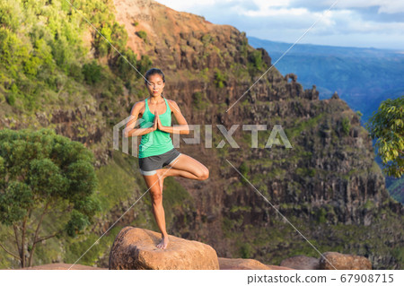 Yoga tree pose woman meditating in nature Yoga tree pose woman meditating in nature 67908715
