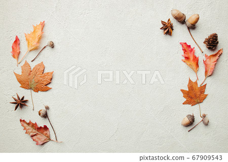 Fall yellow leaves frame on grey surface, editable 67909543