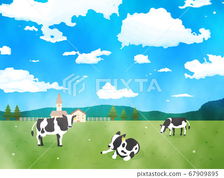 牧場和牛的水彩風景圖 67909895