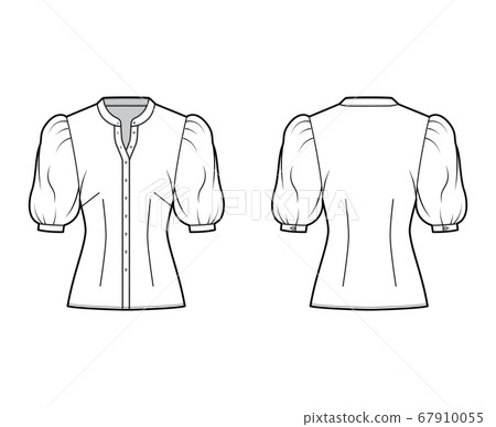 Stand collar shirt technical fashion illustration with elbow puff sleeve, front button-fastening, fitted silhouette 67910055