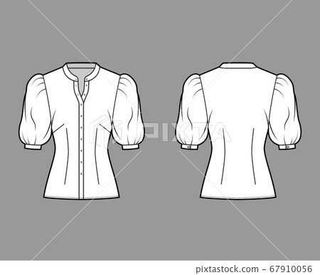 Stand collar shirt technical fashion illustration with elbow puff sleeve, front button-fastening, fitted silhouette Stand collar shirt technical fashion illustration with elbow puff sleeve, front button-fastening, fitted silhouette 67910056