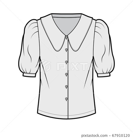 Scalloped collar shirt technical fashion illustration with elbow puff sleeve, front button-fastening, loose silhouette Scalloped collar shirt technical fashion illustration with elbow puff sleeve, front button-fastening, loose silhouette 67910120