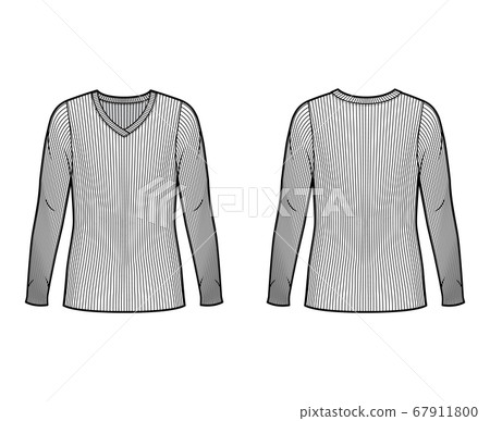 Ribbed V-neck knit sweater technical fashion illustration with long sleeves, oversized body, tunic length.  67911800