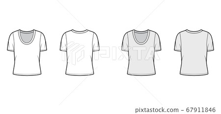 Scoop neck jersey t-shirt technical fashion illustration with short sleeves, oversized body. Scoop neck jersey t-shirt technical fashion illustration with short sleeves, oversized body. 67911846
