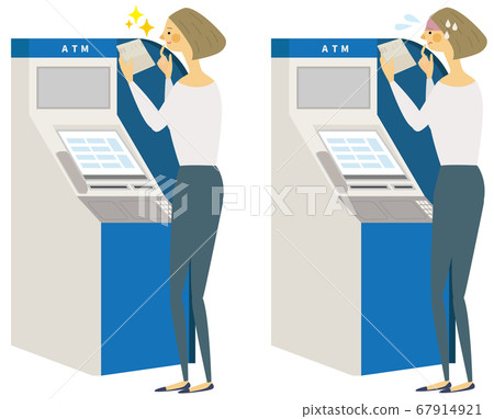 A woman with a smile and a troubled expression operating an ATM 67914921