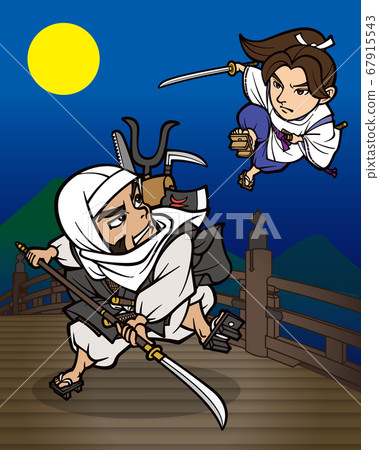 Ushiwakamaru和Benkei在月光下的夜晚在Gojo Ohashi戰鬥[2頭和身體] 67915543