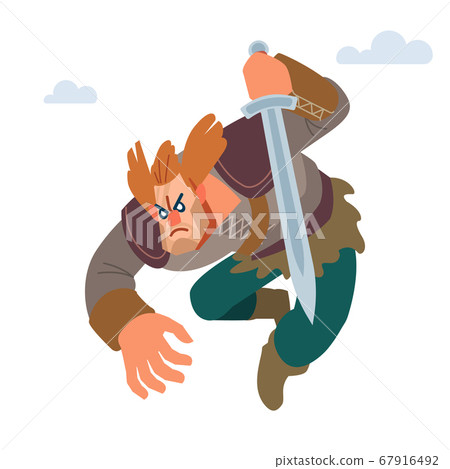 Viking. Warrior Northerner. Medieval young Viking in armor attacks with sword. Vector isolated on white background with dragon. Flat style 67916492