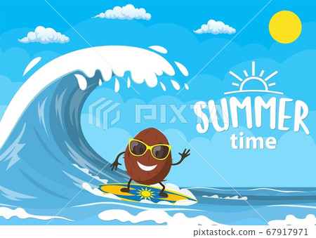 Coconut characters surfing on wave. Coconut characters surfing on wave. 67917971