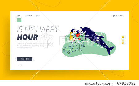 Parent and Child Characters Swimming and Playing with Dolphins in Sea or Ocean Landing Page Template. Therapy Recreation 67918052