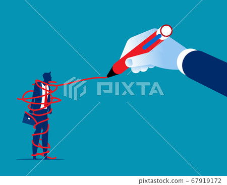Hand drawing a red tangled ball around person 67919172