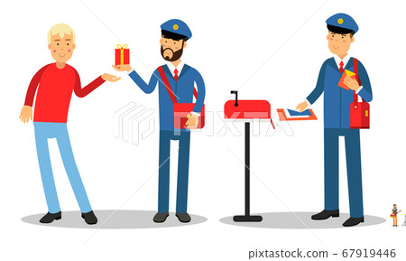 Postman Wearing Uniform Engaged in Daily Routine Vector Illustration Set 67919446