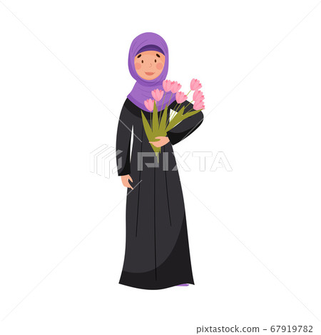 Muslim Woman Wearing Long Dress and Head Shawl Standing and Holding Flower Bouquet Vector Illustration Muslim Woman Wearing Long Dress and Head Shawl Standing and Holding Flower Bouquet Vector Illustration 67919782