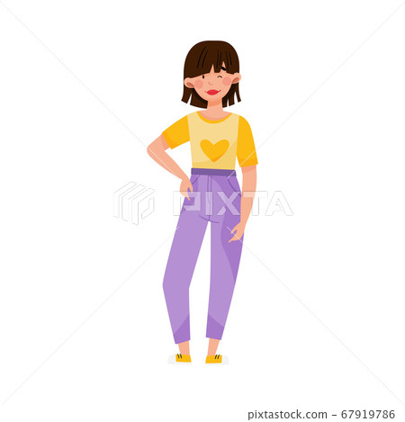 Dark-haired Woman Wearing Sweatshirt and Jeans Standing and Winking Vector Illustration Dark-haired Woman Wearing Sweatshirt and Jeans Standing and Winking Vector Illustration 67919786