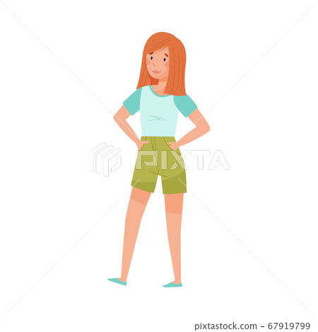 Happy Woman with Red Hair and Summer Clothing Standing Vector Illustration 67919799