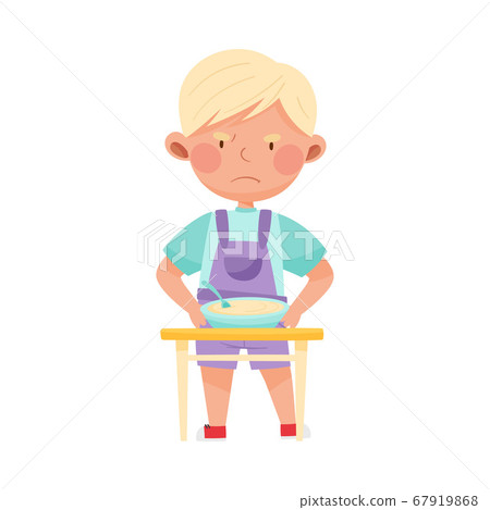 Little Boy Character Showing Dislike Towards Porridge Vector Illustration 67919868