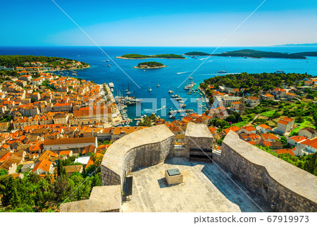 Wonderful Hvar resort cityscape with mediterranean harbor and boats, Croatia 67919973