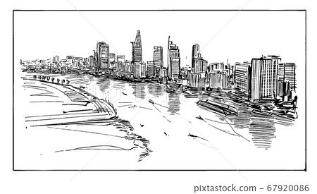 Drawing of the Ho Chi Minh cityscape at riverside in Vietnam  67920086