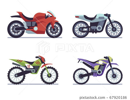 Set of sports motorcycles. Racing motorcycle, collectible vehicles for road racing, speed race modern vehicle travel and sport flat vector motor transport Set of sports motorcycles. Racing motorcycle, collectible vehicles for road racing, speed race modern vehicle travel and sport flat vector motor transport 67920186