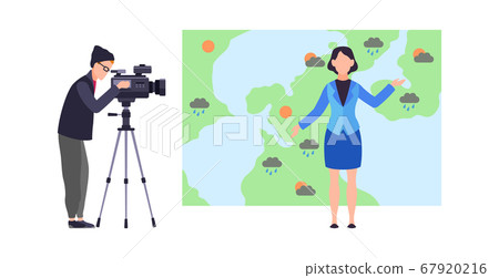 Weather forecast. Woman reporter standing on background of map with microphone and male operator with camera, meteorology concept cartoon flat vector isolated illustration 67920216
