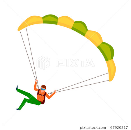 Man jump with parachute. Active lifestyle hobby, extreme professional parachuting sport, male cartoon colorful character isolated on white background 67920217