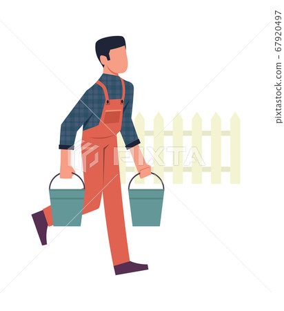 Man in garden. Male character with buckets on farm, backyard gardening concept, working in countryside, cartoon flat vector isolated illustration Man in garden. Male character with buckets on farm, backyard gardening concept, working in countryside, cartoon flat vector isolated illustration 67920497