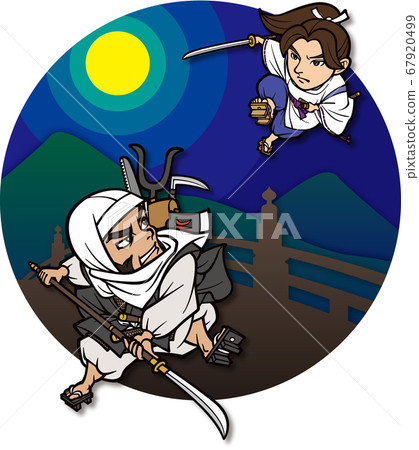 Ushiwakamaru and Benkei fighting at Gojo Ohashi on the moonlit night [2 heads/maru] 67920499