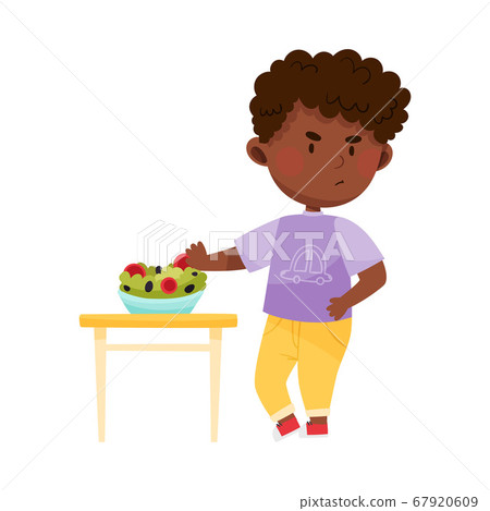 Unhappy African American Boy Character Showing Dislike Towards Vegetable Salad Vector Illustration Unhappy African American Boy Character Showing Dislike Towards Vegetable Salad Vector Illustration 67920609