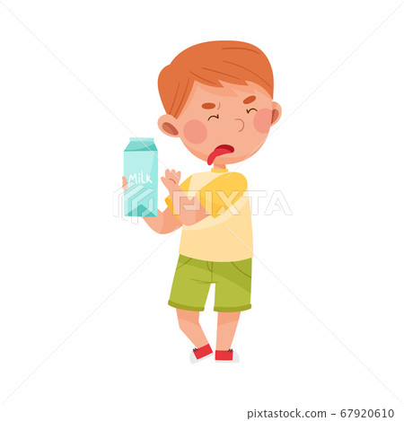 Unhappy Boy Character Showing Dislike Towards Carton of Milk Vector Illustration Unhappy Boy Character Showing Dislike Towards Carton of Milk Vector Illustration 67920610