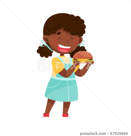 Little African American Girl Character Showing Like Towards Hamburger Vector Illustration 67920669