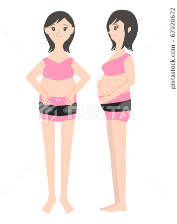 Illustration material: A smiling pregnant woman wearing a pelvic belt over her underwear 67920672