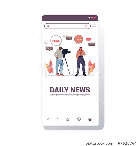 operator with reporter presenting live news journalist and cameraman doing report movie making concept 67920764