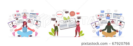 set mix race people reading and discussing daily news chat bubble communication concept 67920766
