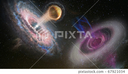 Futuristic sci-fi landscape of two black holes 67921034