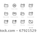 Folders Related line icons set, outline vector symbol. Collection includes icons as Folder Circle, Open Folder, Question mark, Person, Gear, Warning, Slash Folder. Signs, logo illustration. Editing 67921529