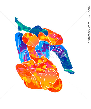 Abstract young athletic men practicing martial arts Brazilian jiu-jitsu. Trains in a traditional kimono. BJJ spinning armrest, Juji Gatame 67922029