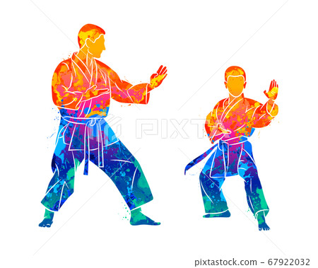 Abstract trainer with a young boy in kimono training karate on a white background 67922032