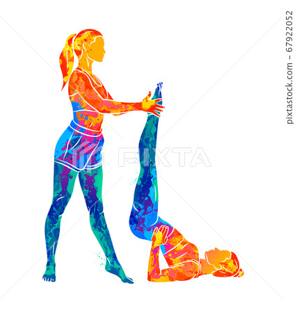 Abstract trainer helps a young woman to do yoga or Pilates, does exercises 67922052
